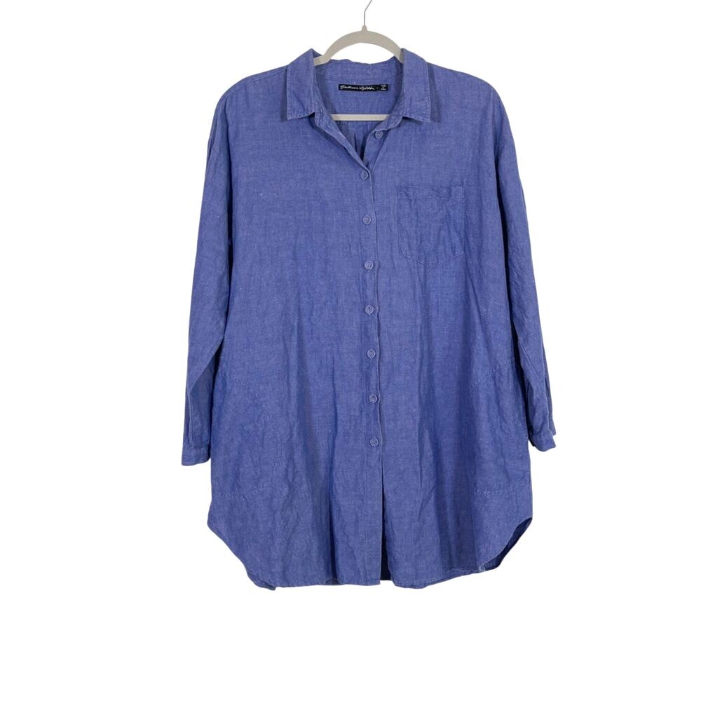 Gudrun Sjödén Linen Cotton Button Up Tunic Top Blue Pockets Size Large Lagenlook